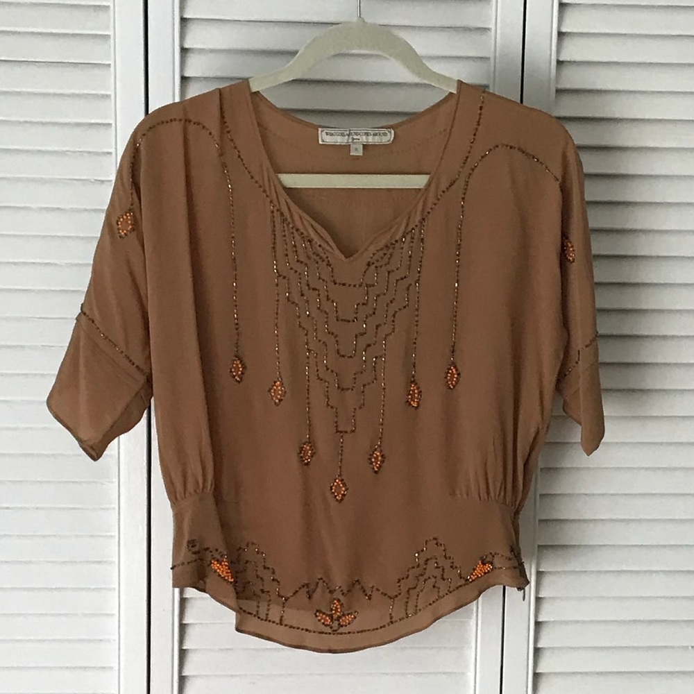 Anthropologie tan silk beaded vintage top sz s